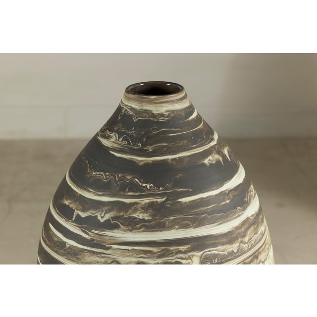 Cream Large Artisan Ceramic Vase with Cream and Brown Striped Glaze For Sale - Image 8 of 12