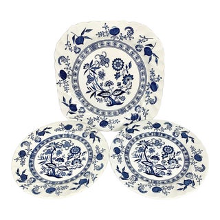 Vintage Mid 20th Century Blue Nordic Johnson Bros Ironstone Plates - Set of 3 For Sale