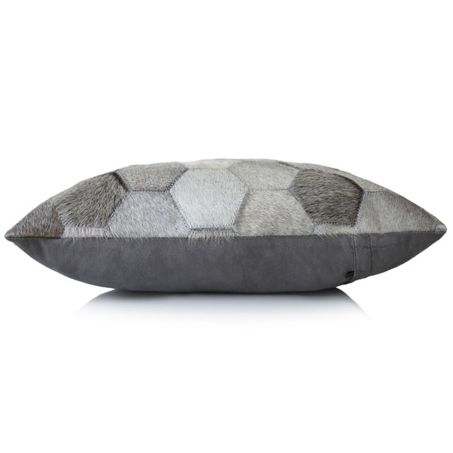 2020s Luxury Gray Cowhide Leather Throw Pillow 16x24 | Handmade Hexagon Patchwork Designer Lumbar Cushion For Sale - Image 5 of 8