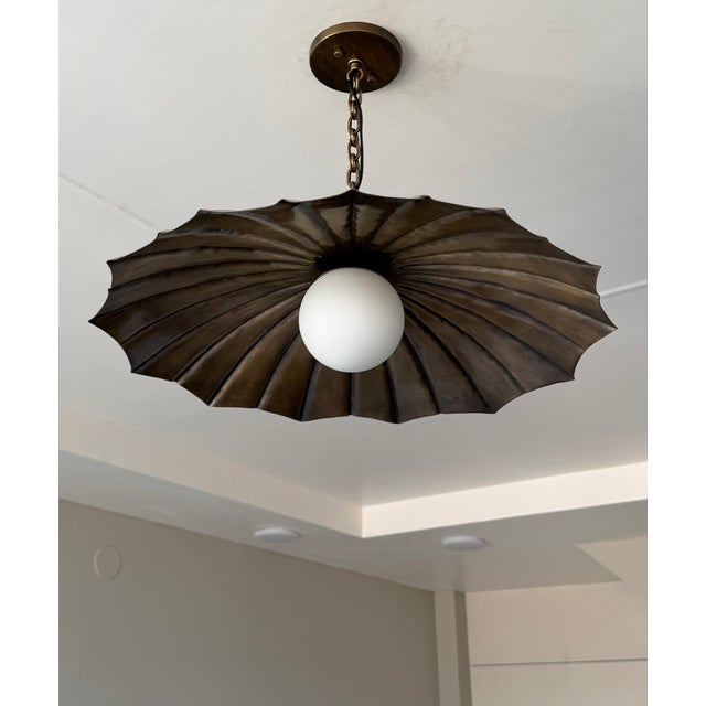Handcrafted Black Antique Brass Finish Pendant Light, Unique Brass Ceiling Light, Milk Glass Globe, Vintage Home Decor For Sale - Image 9 of 10