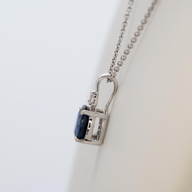 Minimalist Blue Sapphire Pendant With Earth Mined Diamond Accent: Solid 14k Gold For Sale In Columbus - Image 6 of 8