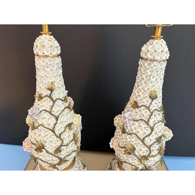 Meissen Porcelain 1950s Applied Floral Porcelain Tree of Life Lamps, Pair For Sale - Image 4 of 18