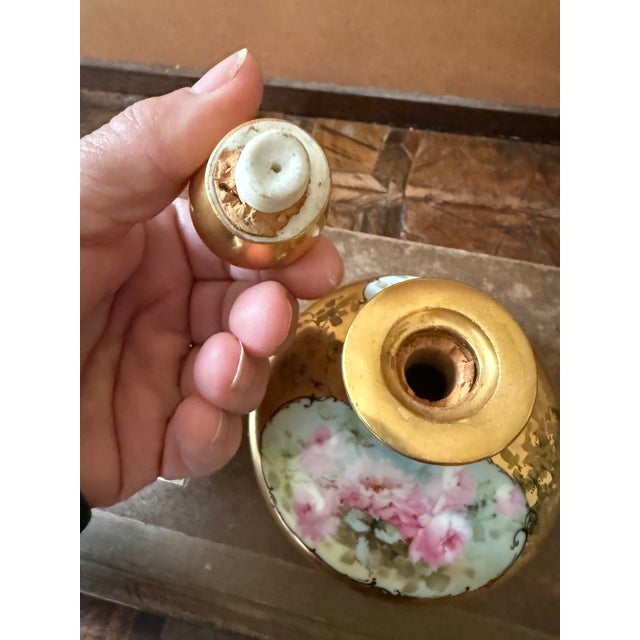 Ceramic Antique Circa 1900 P H Leonard Vienna Austria Hand Painted Rose Perfume Bottle Gold Gilt For Sale - Image 7 of 10