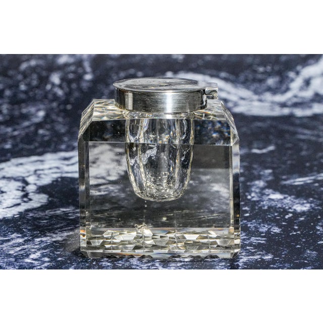 Elegant Large Antique Paperweight Crystal Sterling Silver English Desk Inkwell For Sale - Image 10 of 15