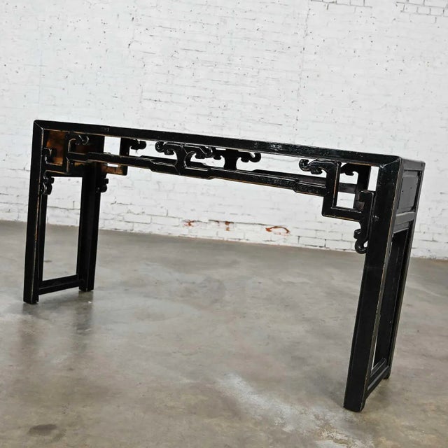 Chinoiserie Vintage Asian Sofa Console Table Alter Style Distressed Black Finish For Sale - Image 3 of 16