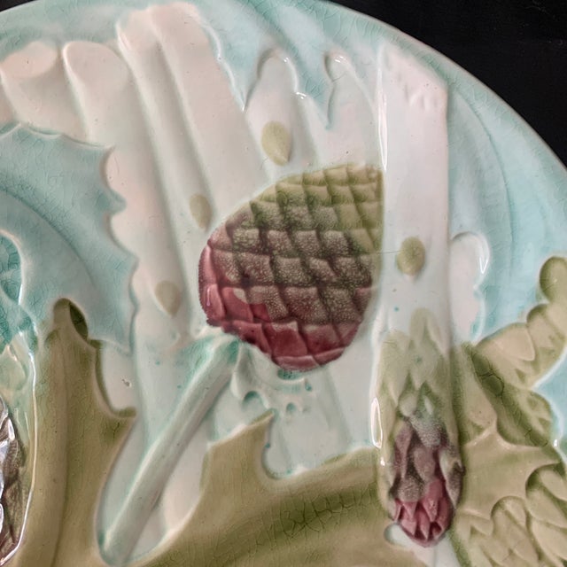 French Antique French Majolica Luneville Artichoke Asparagus Barbotine Plate For Sale - Image 3 of 5