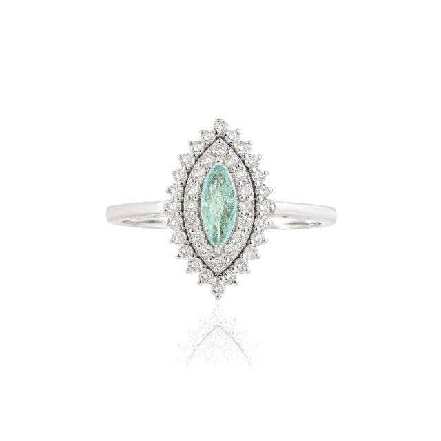 VR Jewels 18k Gold Marquise Cut Paraiba Tourmaline Ring With Double Halo Diamonds Size 9 For Sale - Image 4 of 18