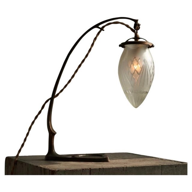 Art Nouveau Table Lamp in Sand Cast Brass and Etched Glass, 1920s For Sale - Image 11 of 11
