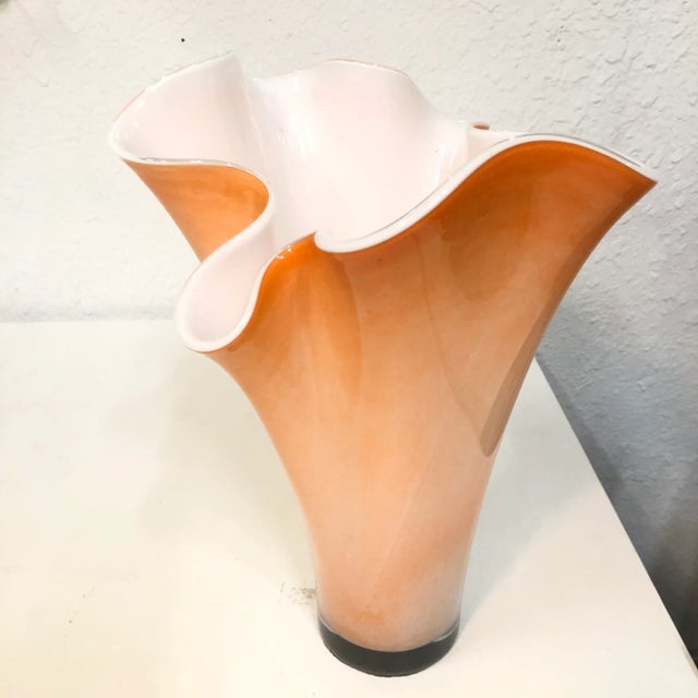 Mid-Century Modern Large Orange Handkerchief Vase | White Cased Glass Murano For Sale - Image 3 of 6