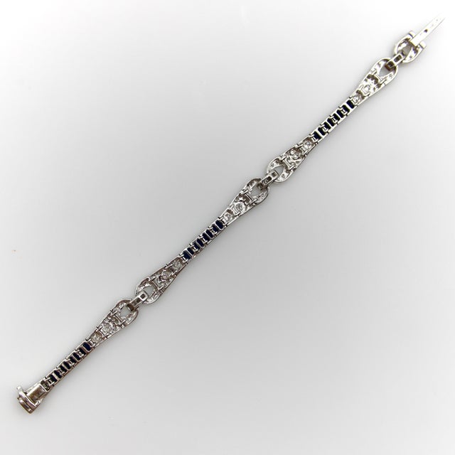 1990s 18k White Gold Diamond and Sapphire Art Deco Style Bracelet For Sale - Image 4 of 10