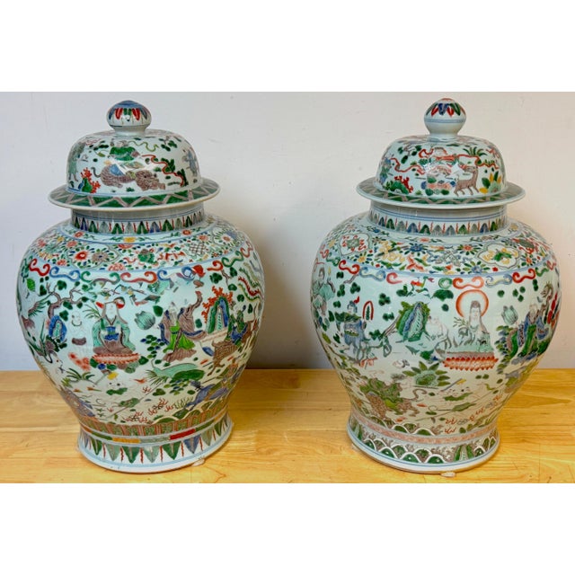 Pair Monumental Chinese Famille Verte Buddhist Ginger Jars, Late Qing Dynasty For Sale - Image 13 of 18