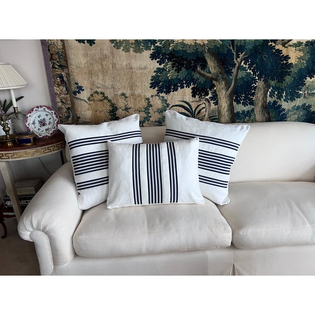 Single Reversible Cushion/Pillow With Navy Blue Stripes on White Fabric For Sale - Image 4 of 9
