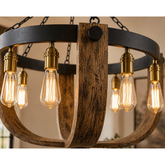 Apulia Rustic Wood & Iron Chandelier, 30" Round, 8-Light Industrial Farmhouse, New in Box For Sale In Buffalo - Image 6 of 6