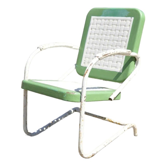 Early 20th Century Metal Basketweave Green White Porch Outdoor Spring Arm Chair For Sale