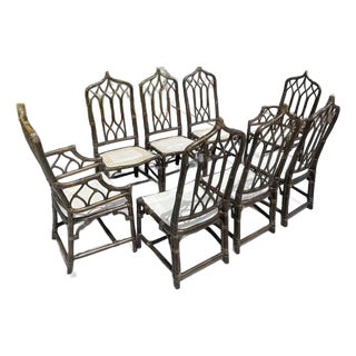 Authentic McGuire Vintage Rattan Cathedral Gothic Dining Chairs, a Set of 8 For Sale