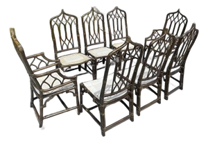 Authentic McGuire Vintage Rattan Cathedral Gothic Dining Chairs, a Set of 8