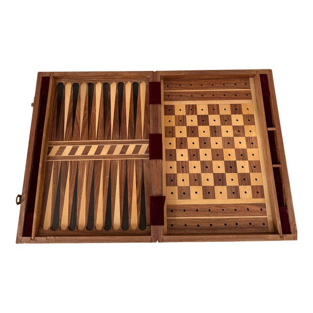 Vintage Mid-Century Inlaid Wood & Brass Tabletop Game Set Backgammon, Chess, Dominoes, Dice , Made in England For Sale