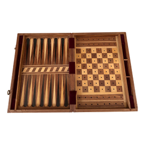 Vintage Mid-Century Inlaid Wood & Brass Tabletop Game Set Backgammon, Chess, Dominoes, Dice , Made in England