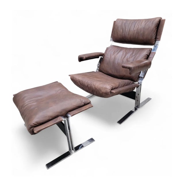Mid Century Modern Brown Leather and Chromium Lounge Chairs and Ottoman Attributed to Richard Hersberger Elevate your...