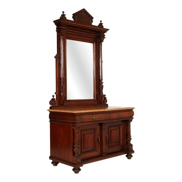 Italian Carved Walnut Dressing Cabinet with Mirror and Marble Top, 19th Century, Set of 2 For Sale