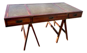 Vintage Mahogany Leather Top Saw Horse Campaign Style Desk, c.1960