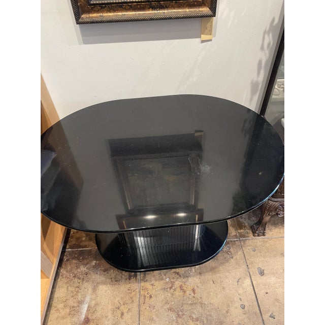 Vintage 1970s Oval Black Lacquered Table With Mirrored Panel Pedestal For Sale - Image 4 of 6