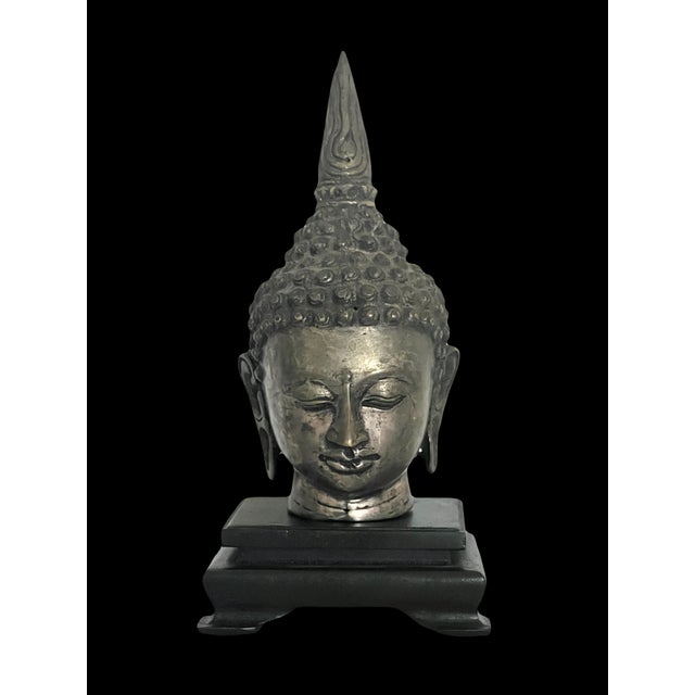 Silver South East Asian 'Silver'' Shan Buddha Head on Carved Wood Stand For Sale - Image 8 of 11