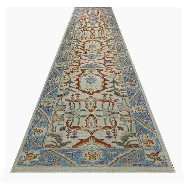 Islamic Afghan Sultanabad Master Wool 3x14 Blue, Ivory & Red Handmade Runner Rug #1143752 For Sale - Image 3 of 6