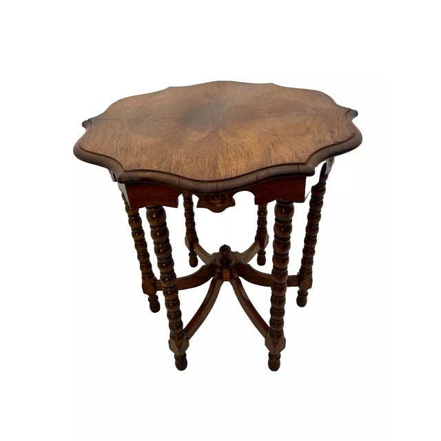 1900s Victorian Parlor Table Six Legs Burled Walnut Scalloped Top Hand Carved For Sale In Palm Springs - Image 6 of 10