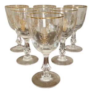 Vintage Modern Clear Gilt Tiffin Glass Wine Glasses - Set of 6