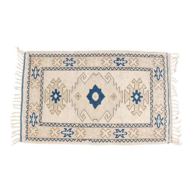 Mid 20th Century Beige and Blue Small Turkish Rug For Sale