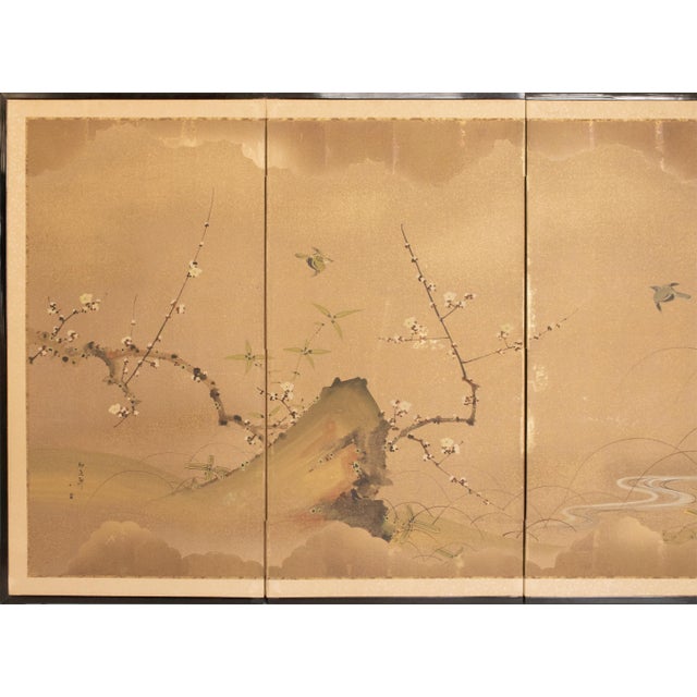 Stunning circa 1960s Shōwa Era 4-panel Japanese Byobu (folding screen) hand painted by Japanese artist Issai, depicting a...
