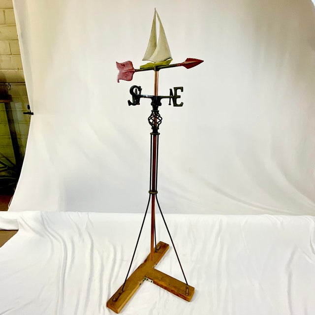 1920s 1920s Antique Coastal Americana Folk Art Sailboat Weathervane on Pine Stand For Sale - Image 5 of 12