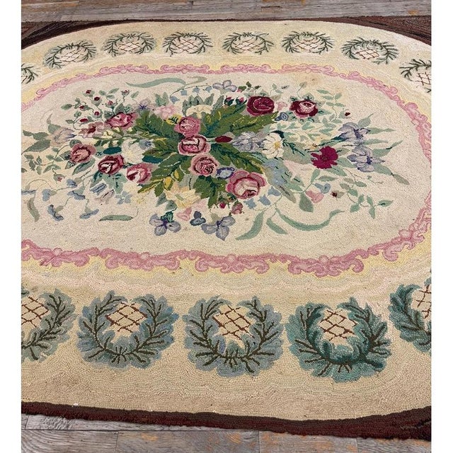 Ecru 1880s Traditional Beige Antique Roses Folk Art American Hooked Knotted Wool Rug For Sale - Image 8 of 9