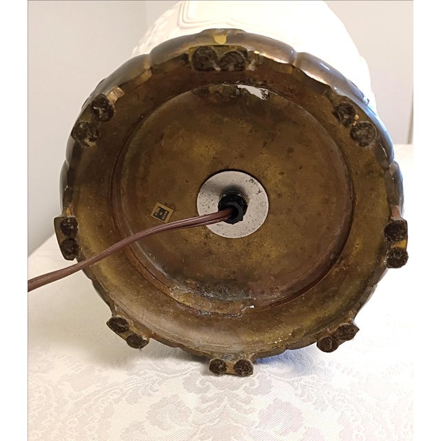 1980s Blanc De Chine Table Lamp Base White Porcelain Chinoiserie Chrysanthemum Relief Patinated Brass Base Grandmillenial Cottage Accent Decor For Sale - Image 12 of 13