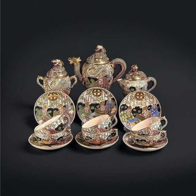 1920s, Kinkozan Tsukuru Satsuma, Hand Painted Dragon Dragonware Tea Set- 15 Pieces Set is beautifully moriage hand painted...