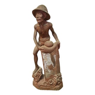 Large Asian Wooden Sculpture of Fisherman, 1890s For Sale