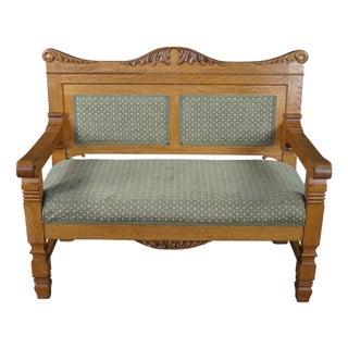 Antique Victorian American Empire Quartersawn Oak Carved Settee Bench Loveseat For Sale