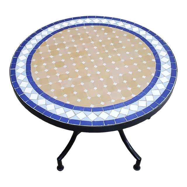 24" Multi-Color Moroccan Mosaic Table in Camel, Blue and White - 2 Pieces For Sale