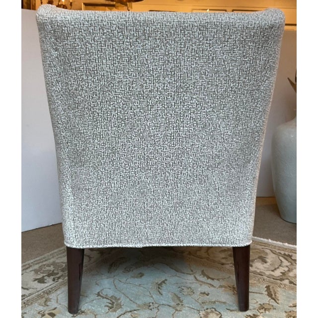 Stylish Hickory Chair Modern Gray and Beige Abstract Lounge Chair, dark brown wood legs, showroom floor sample