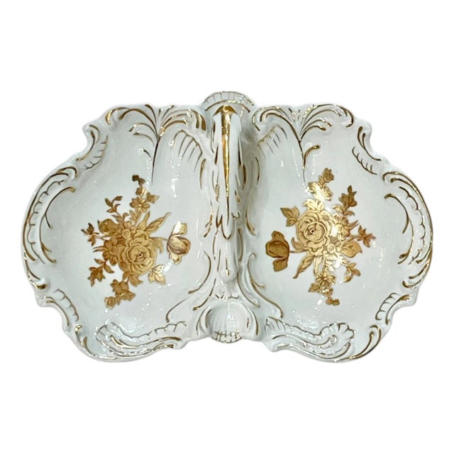 Vintage French Porcelain Shell Form Serving Dish With Gold Rose Decoration For Sale