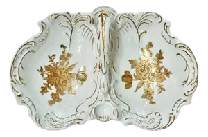 Vintage French Porcelain Shell Form Serving Dish With Gold Rose Decoration