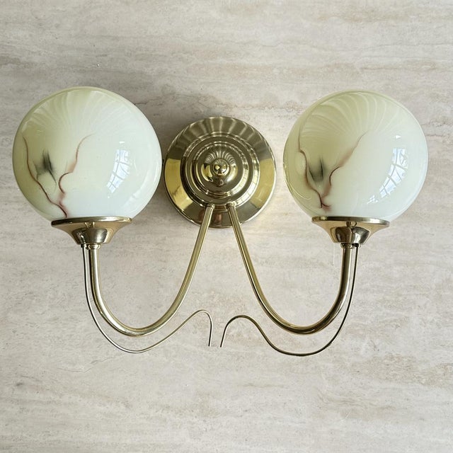 Art Deco Marble Pattern Opaline Glass and Brass Wall Lamp, 1930s For Sale - Image 3 of 18