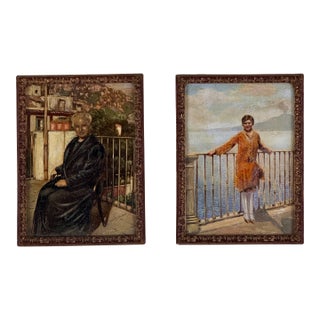 Pair of Vintage Italian Hand Painted Tourist Painting Portraits of Two Women, Framed For Sale