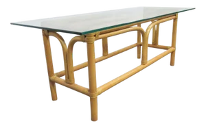Mid Century Modern Rattan Glass Top Coffee Table