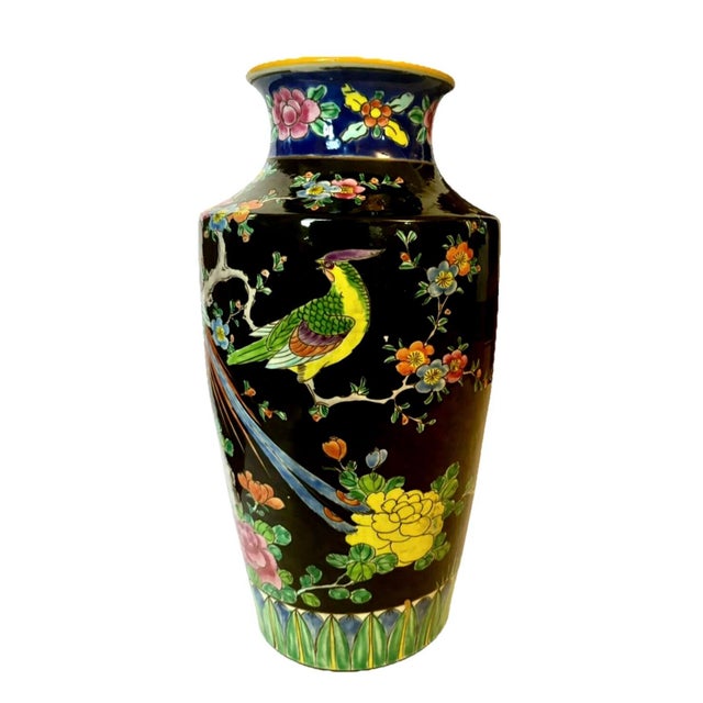 1930s Japanese Black Enameled Bird of Paradise Porcelain Vase, Circa 1930 For Sale - Image 5 of 8