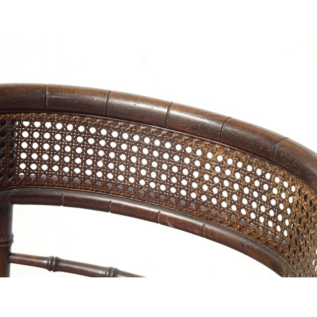 Wood Vintage Polynesian Bamboo Cane Back Barrel Accent Chair W Cane Seat & Cushion For Sale - Image 7 of 17