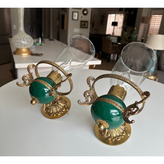 Brass Pair Italian Green & Brass Faux Oil Lamp Wall Sconces For Sale - Image 8 of 18