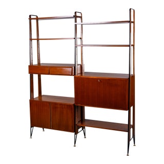 Mid Century Italian Teak Free Standing Wall Unit For Sale