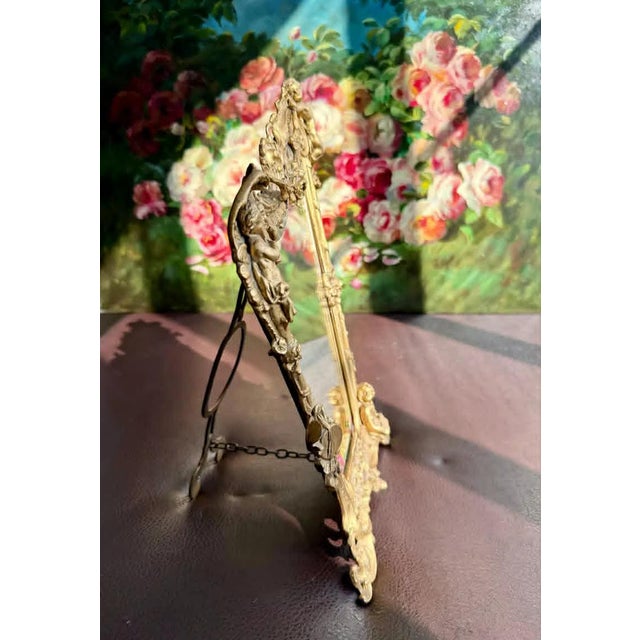 Antique Italian Rococo-Style Table Mirror With Gilded Metal Frame, Featuring Putti (Cherubs) Decor and Floral Painting For Sale - Image 9 of 13